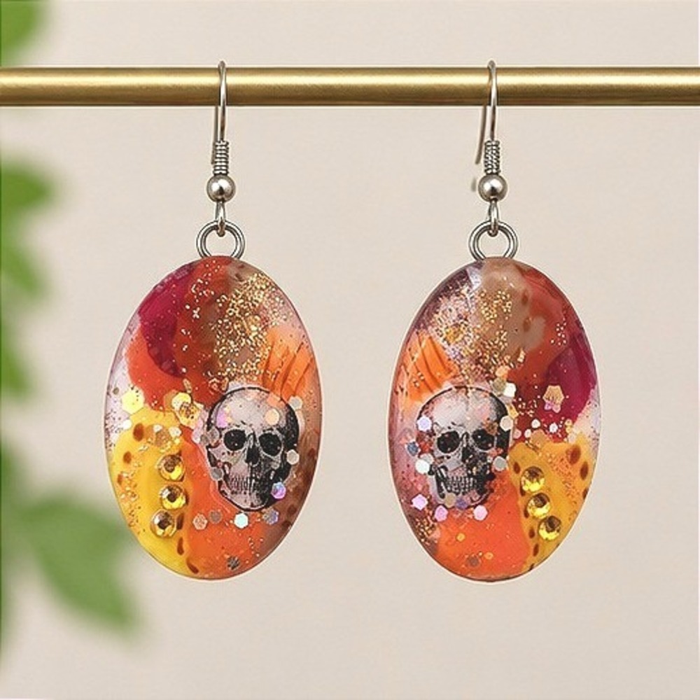 Handmade Skull Resin Earrings Multicolor Glitter Dangle Halloween